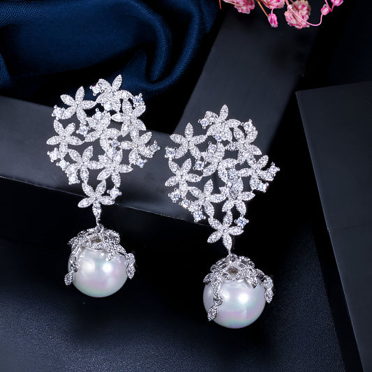 Dangle Drop Flower Pearl Earrings - JR NEST